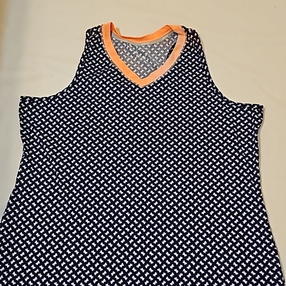 Jofit Womens  Bow Print Sleeveless shirt size 8 navy blue with orange neck top L
